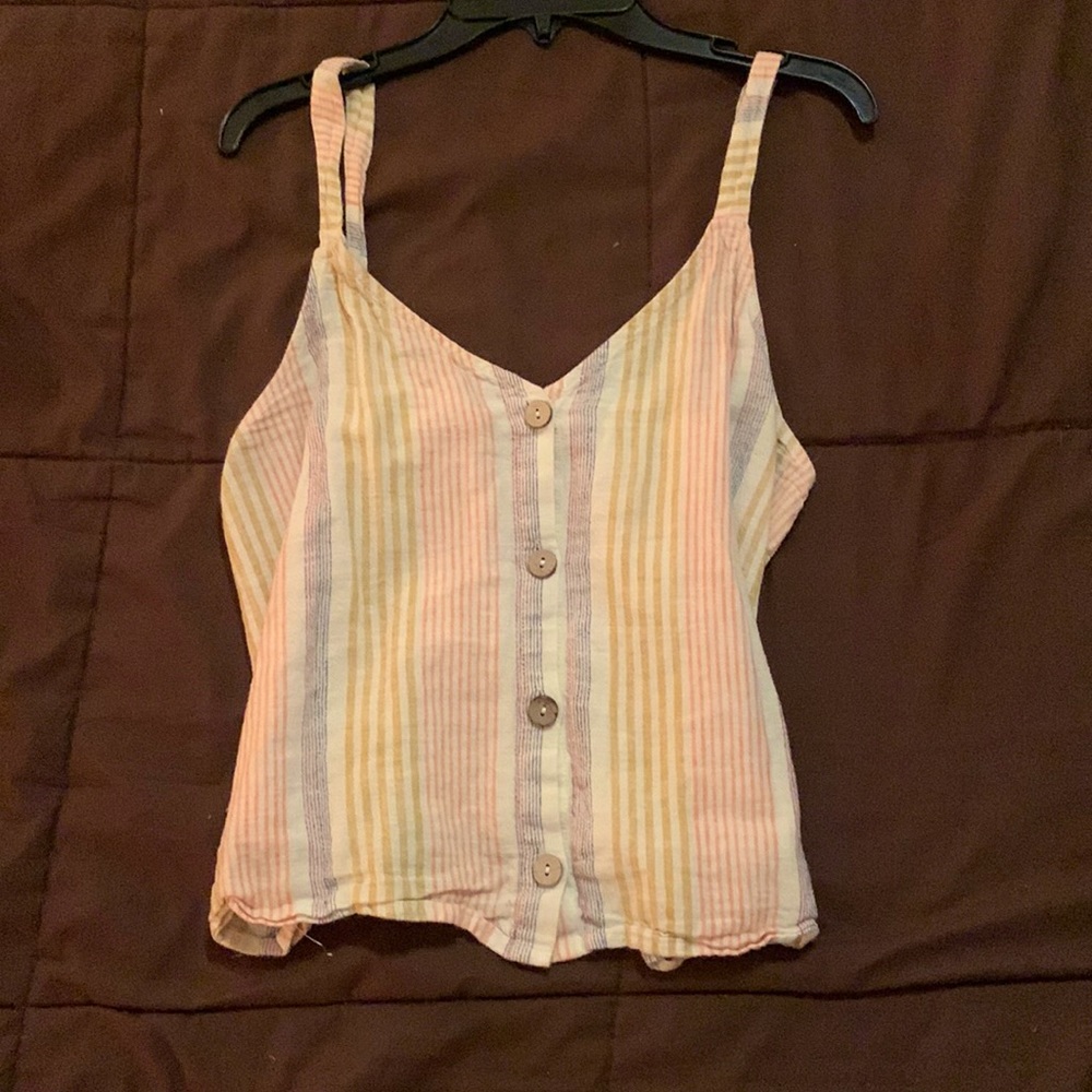 Striped white and pastel, v neck, loose, buttoned, tank top. Medium